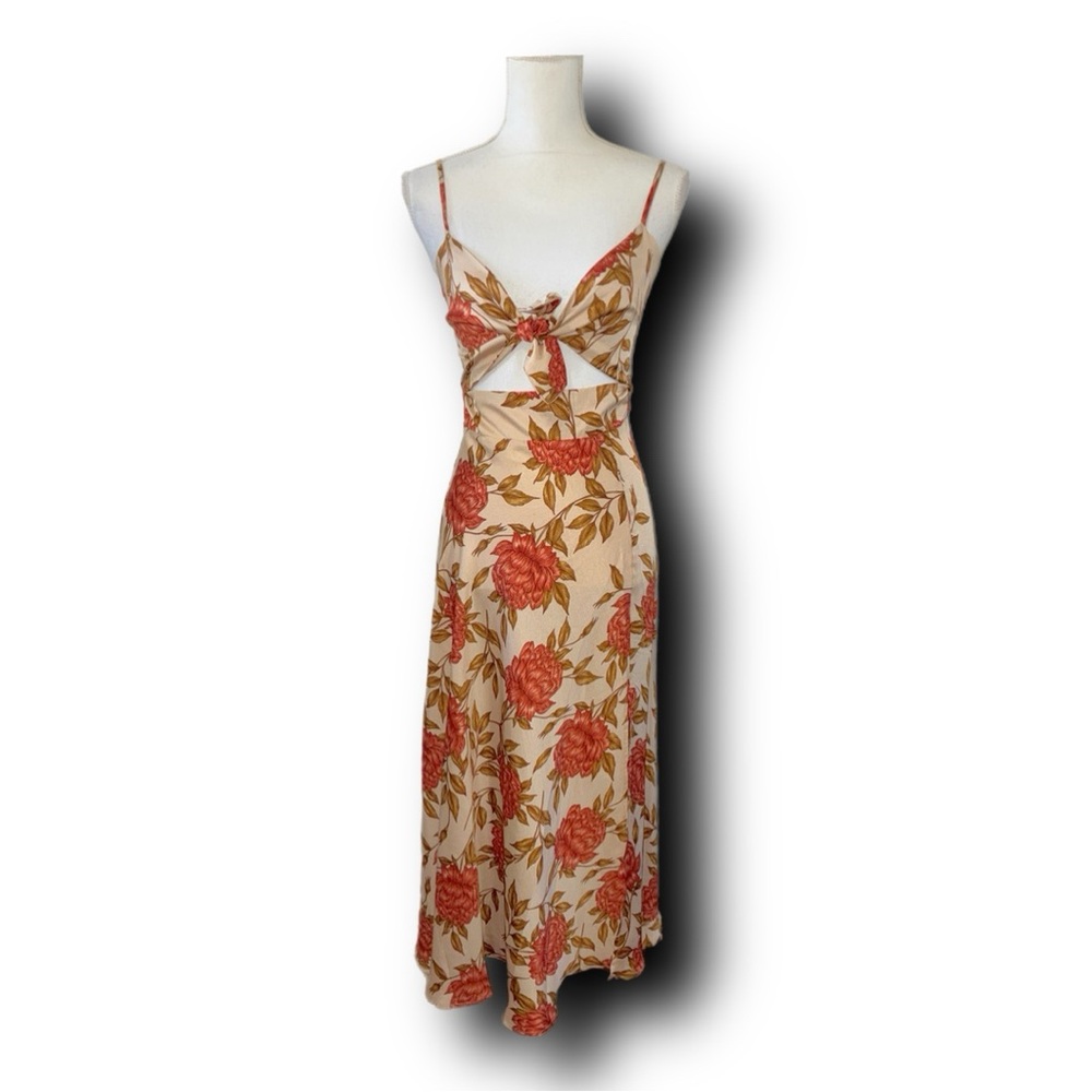 Petal & Pup Beige Floral Midi Dress with Coral Roses - Picture 4 of 7